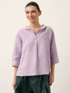 Linnetopp med sjalkrage och V-ringning för dam-Tops for women-Fjallbarn