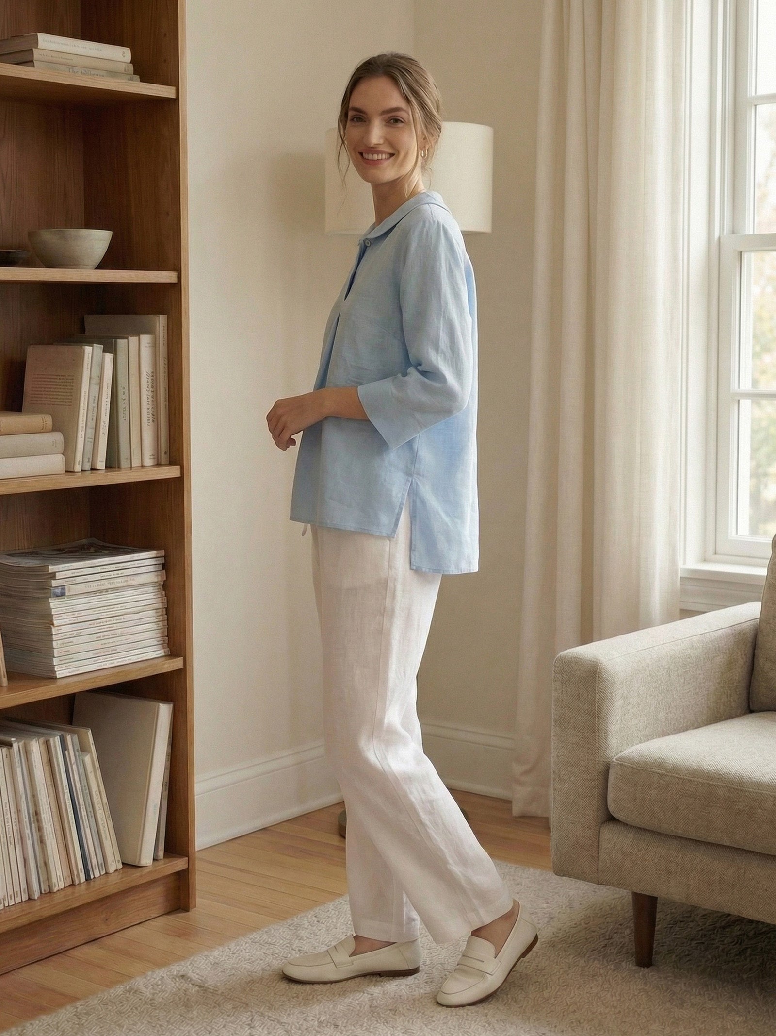 Linnetopp med sjalkrage och V-ringning för dam-Tops for women-Fjallbarn