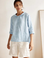 Linnetopp med sjalkrage och V-ringning för dam-Tops for women-Fjallbarn