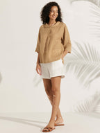 Linnetopp med sjalkrage och V-ringning för dam-Tops for women-Fjallbarn