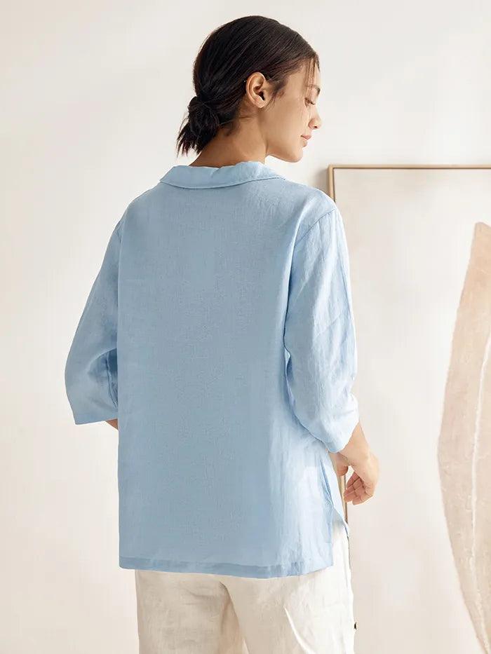 Linnetopp med sjalkrage och V-ringning för dam-Tops for women-Fjallbarn