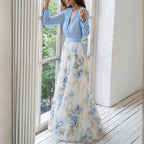 Maxiklänning för dam med V-ringning och långa ärmar-Maxi Dress-Fjallbarn