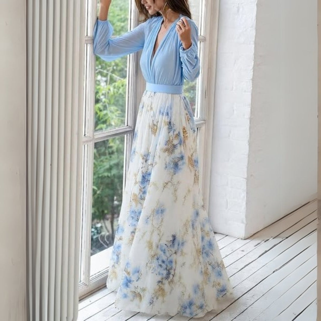 Maxiklänning för dam med V-ringning och långa ärmar-Maxi Dress-Fjallbarn