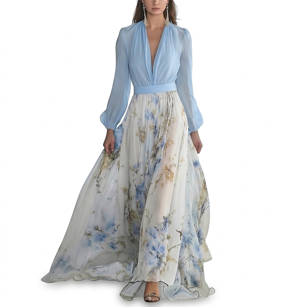 Maxiklänning för dam med V-ringning och långa ärmar-Maxi Dress-Fjallbarn
