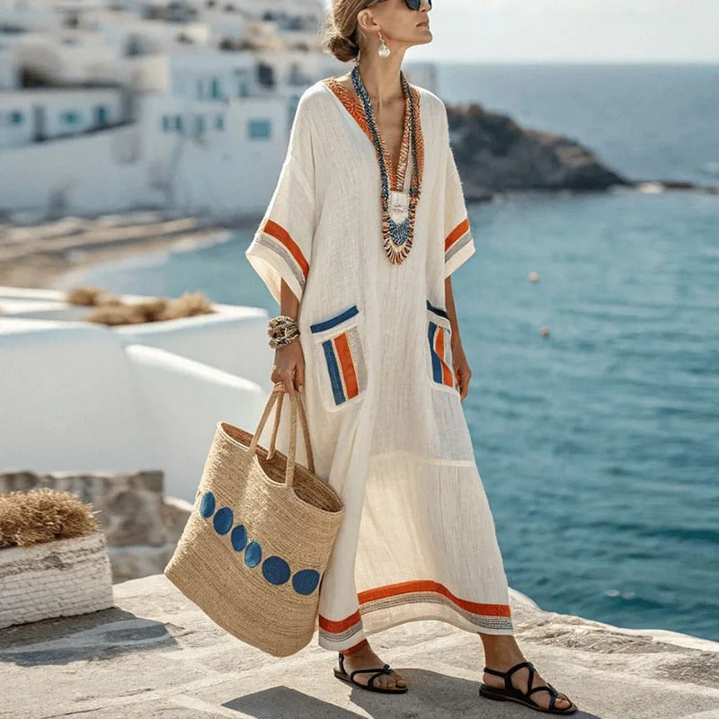 Maxiklänning i kaftanmodell för dam med påsydda fickor-Maxi Dress-Fjallbarn