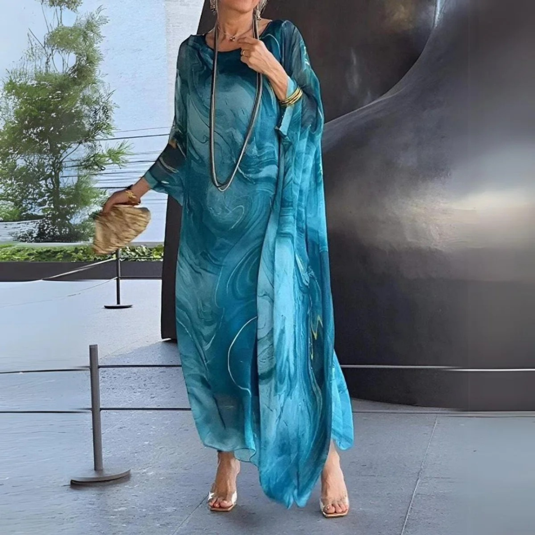 Maxiklänning i kaftanmodell med marmormönster för dam-Maxi Dress-Fjallbarn