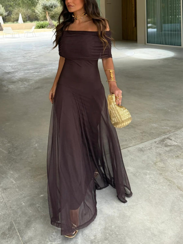 Maxiklänning med bara axlar och mesh-överdrag för dam-Maxi Dress-Fjallbarn
