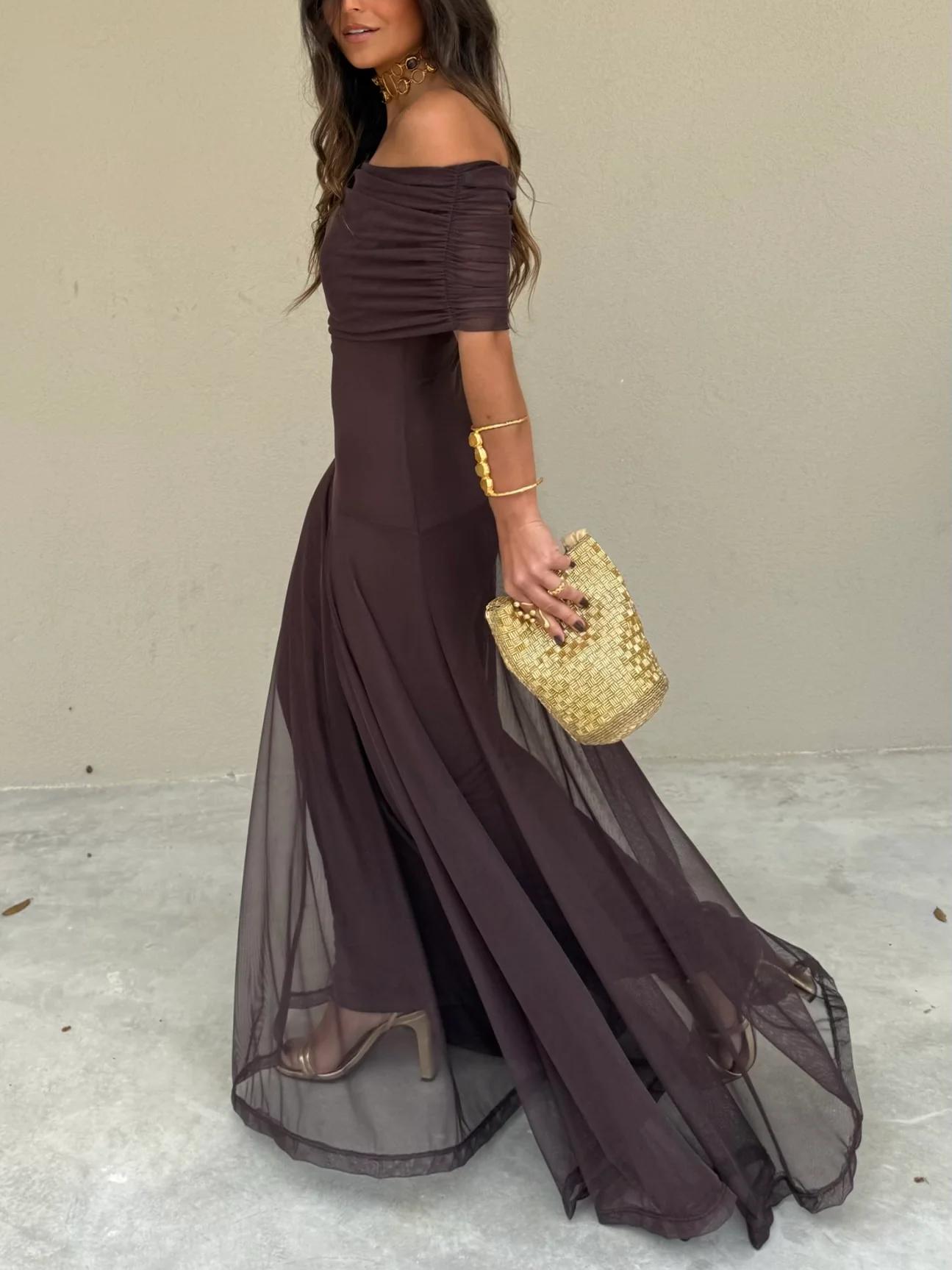 Maxiklänning med bara axlar och mesh-överdrag för dam-Maxi Dress-Fjallbarn