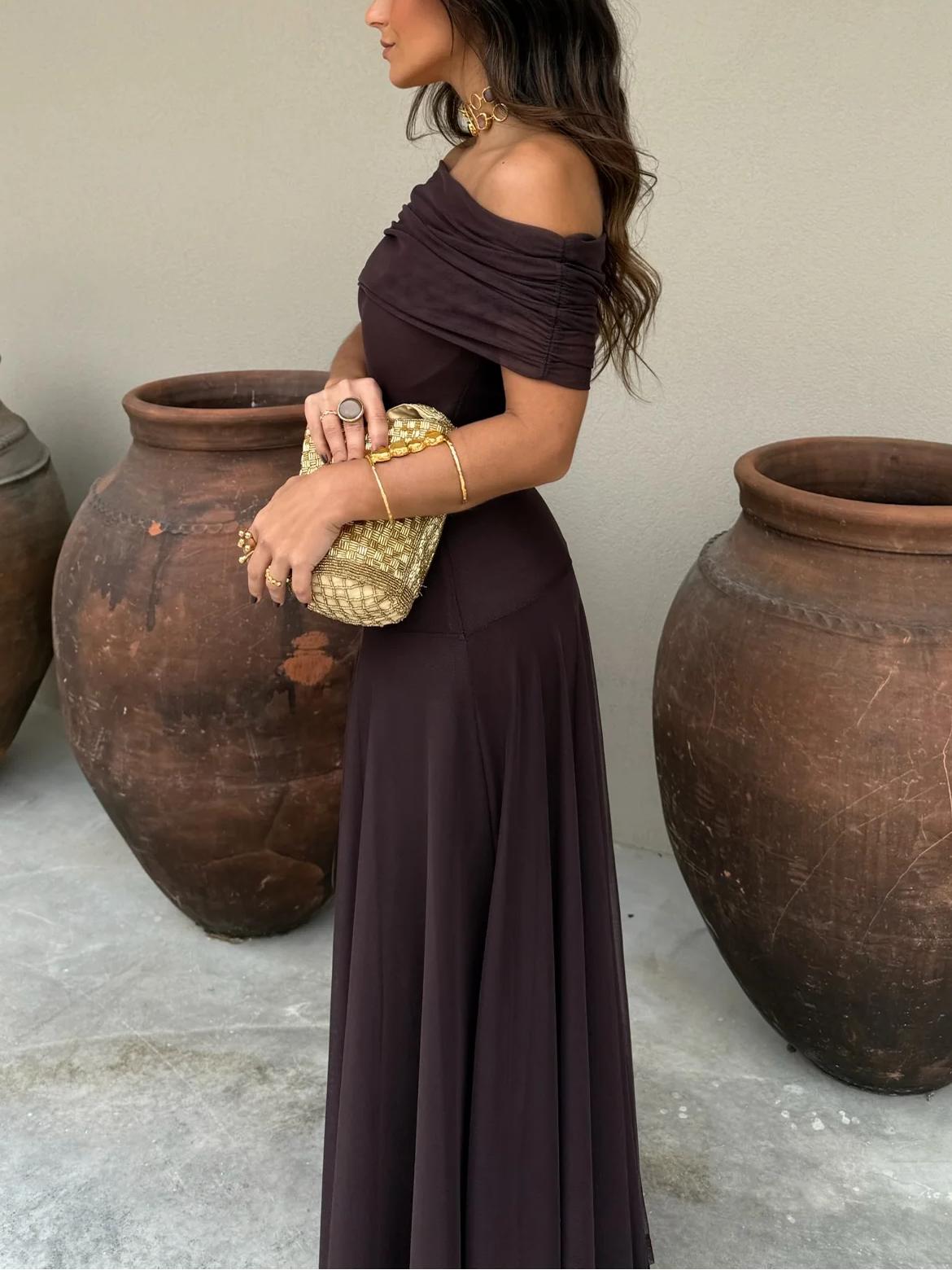 Maxiklänning med bara axlar och mesh-överdrag för dam-Maxi Dress-Fjallbarn