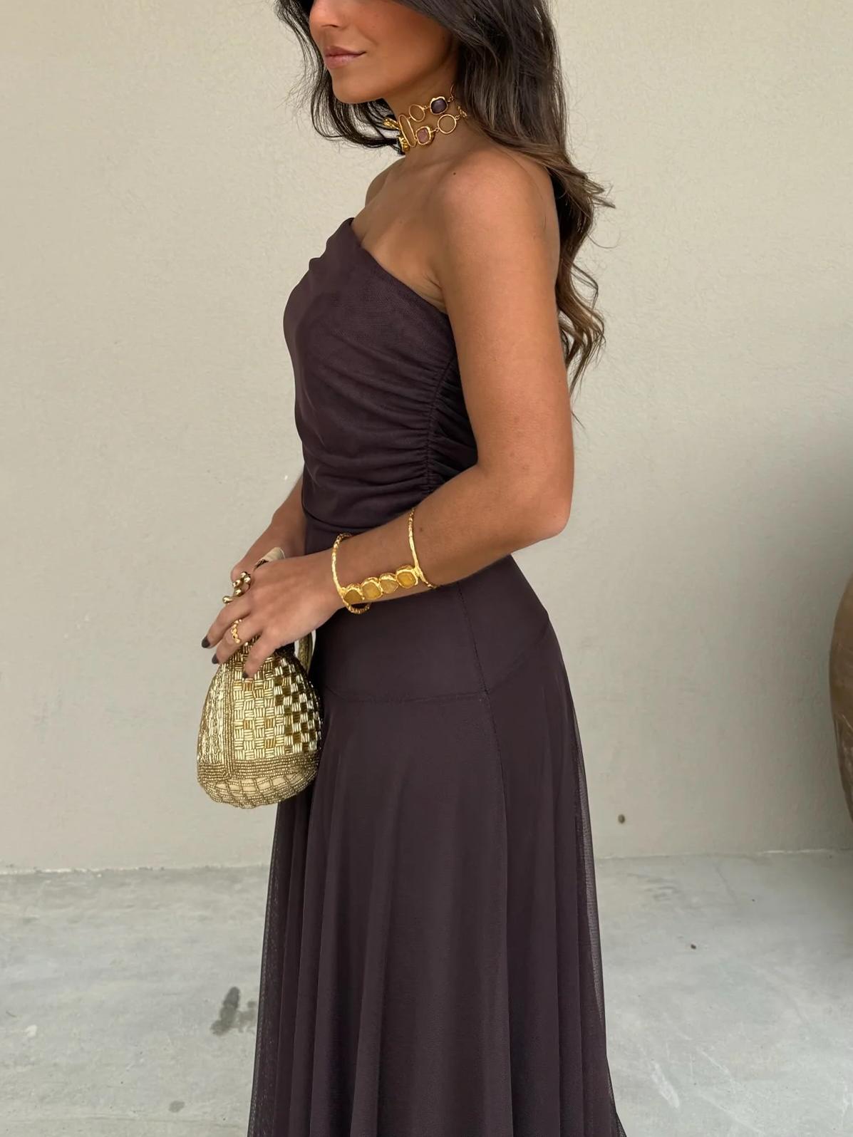 Maxiklänning med bara axlar och mesh-överdrag för dam-Maxi Dress-Fjallbarn