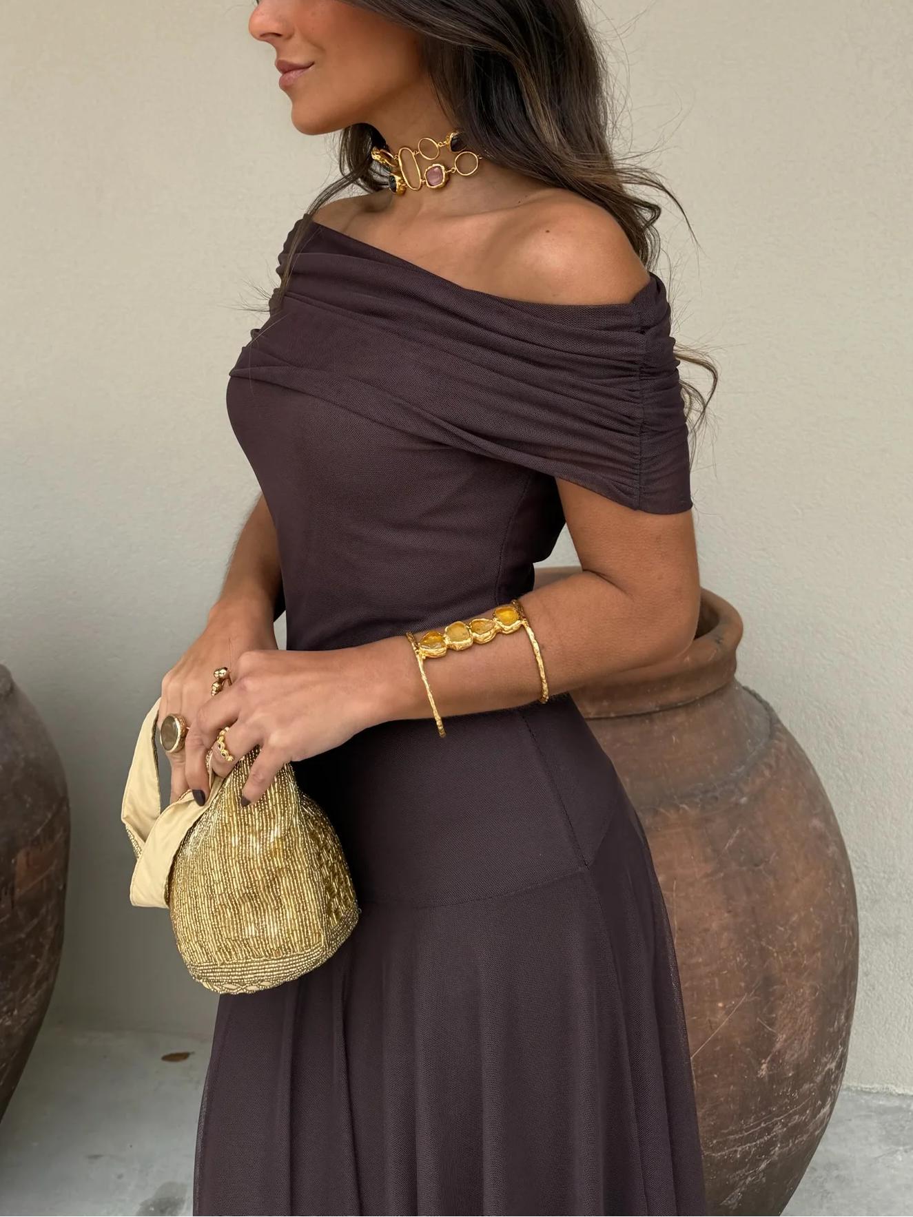 Maxiklänning med bara axlar och mesh-överdrag för dam-Maxi Dress-Fjallbarn