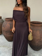 Maxiklänning med bara axlar och mesh-överdrag för dam-Maxi Dress-Fjallbarn