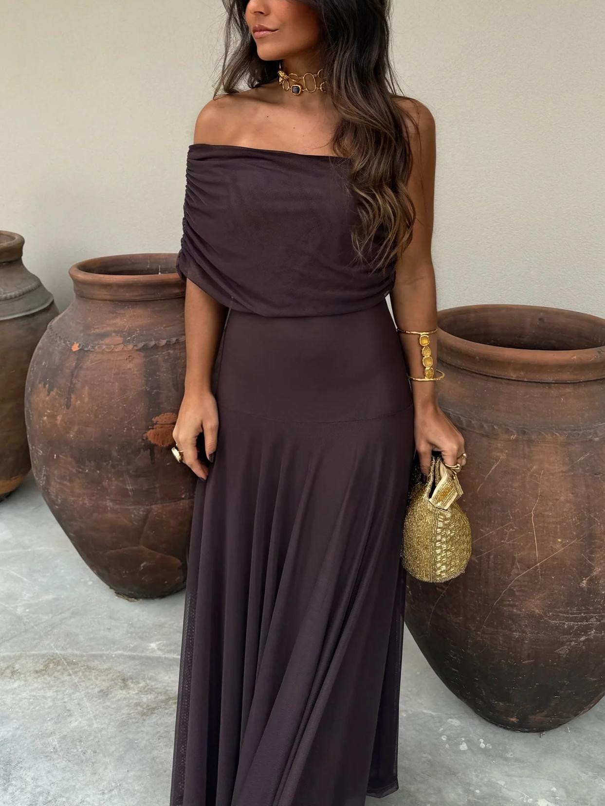 Maxiklänning med bara axlar och mesh-överdrag för dam-Maxi Dress-Fjallbarn