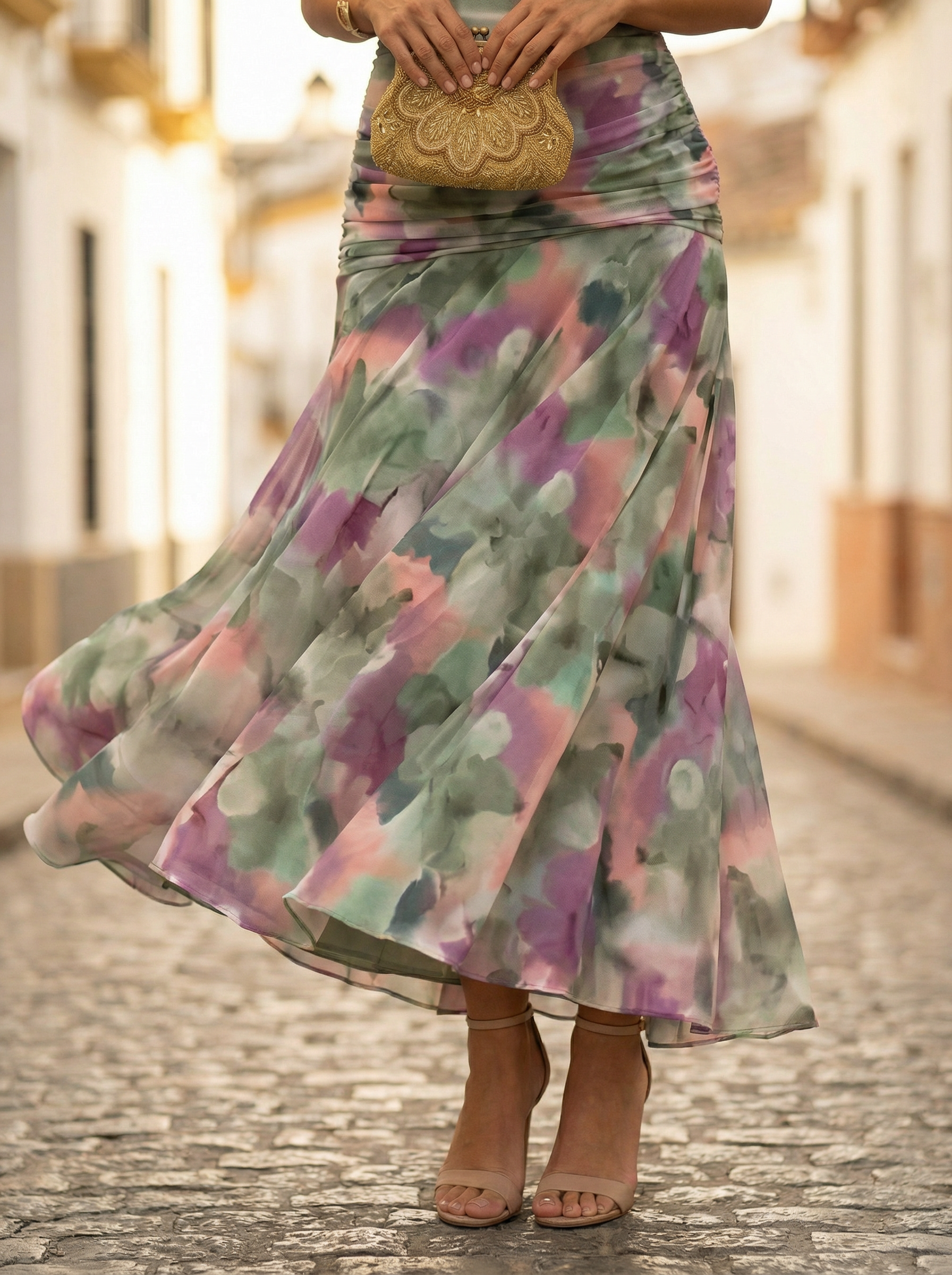 Maxiklänning med bara axlar och rynkad midja för dam-Maxi Dress-Fjallbarn