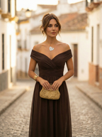 Maxiklänning med bara axlar och rynkad midja för dam-Maxi Dress-Fjallbarn