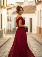 Maxiklänning med bara axlar och rynkad midja för dam-Maxi Dress-Fjallbarn