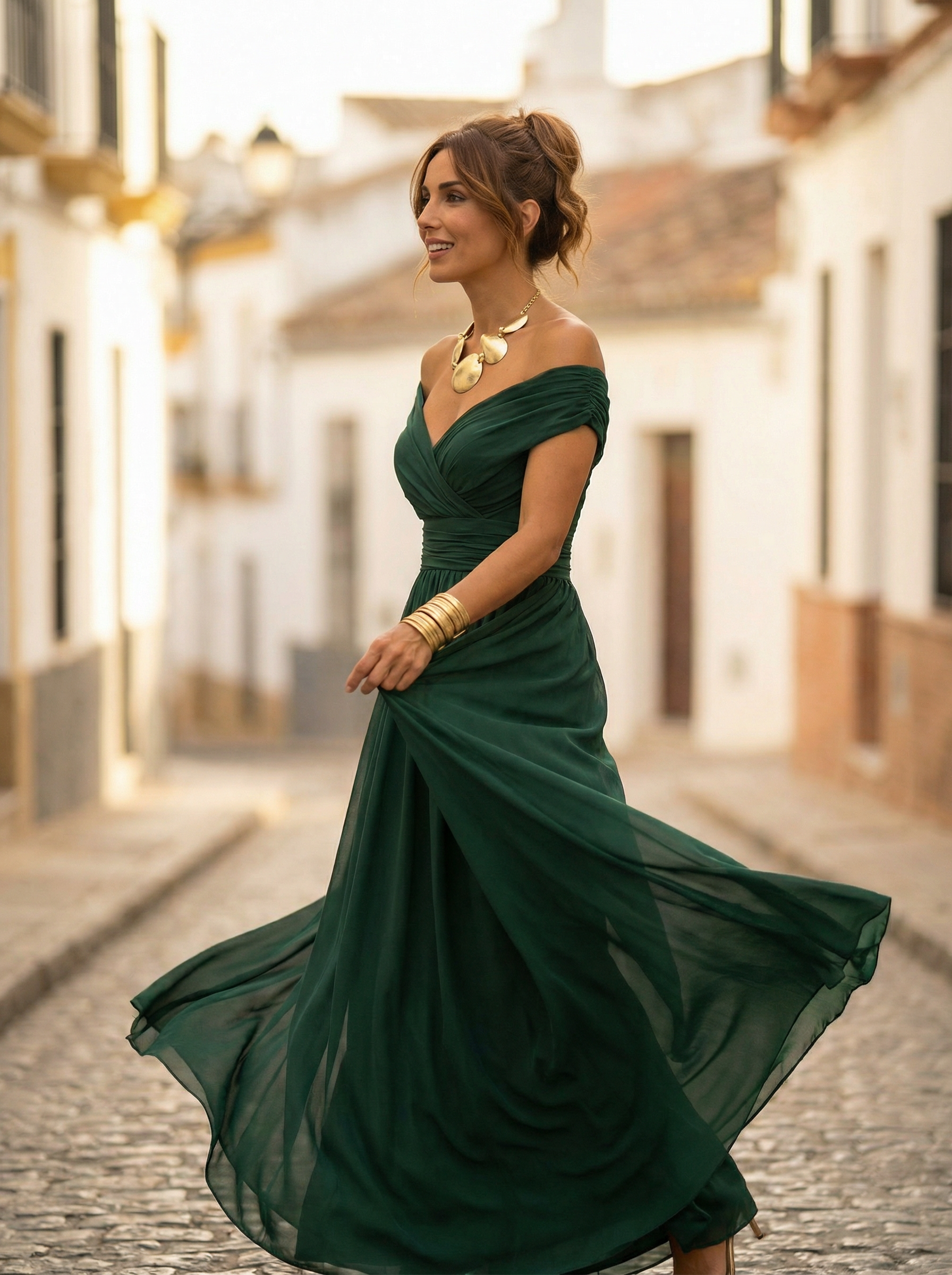 Maxiklänning med bara axlar och rynkad midja för dam-Maxi Dress-Fjallbarn