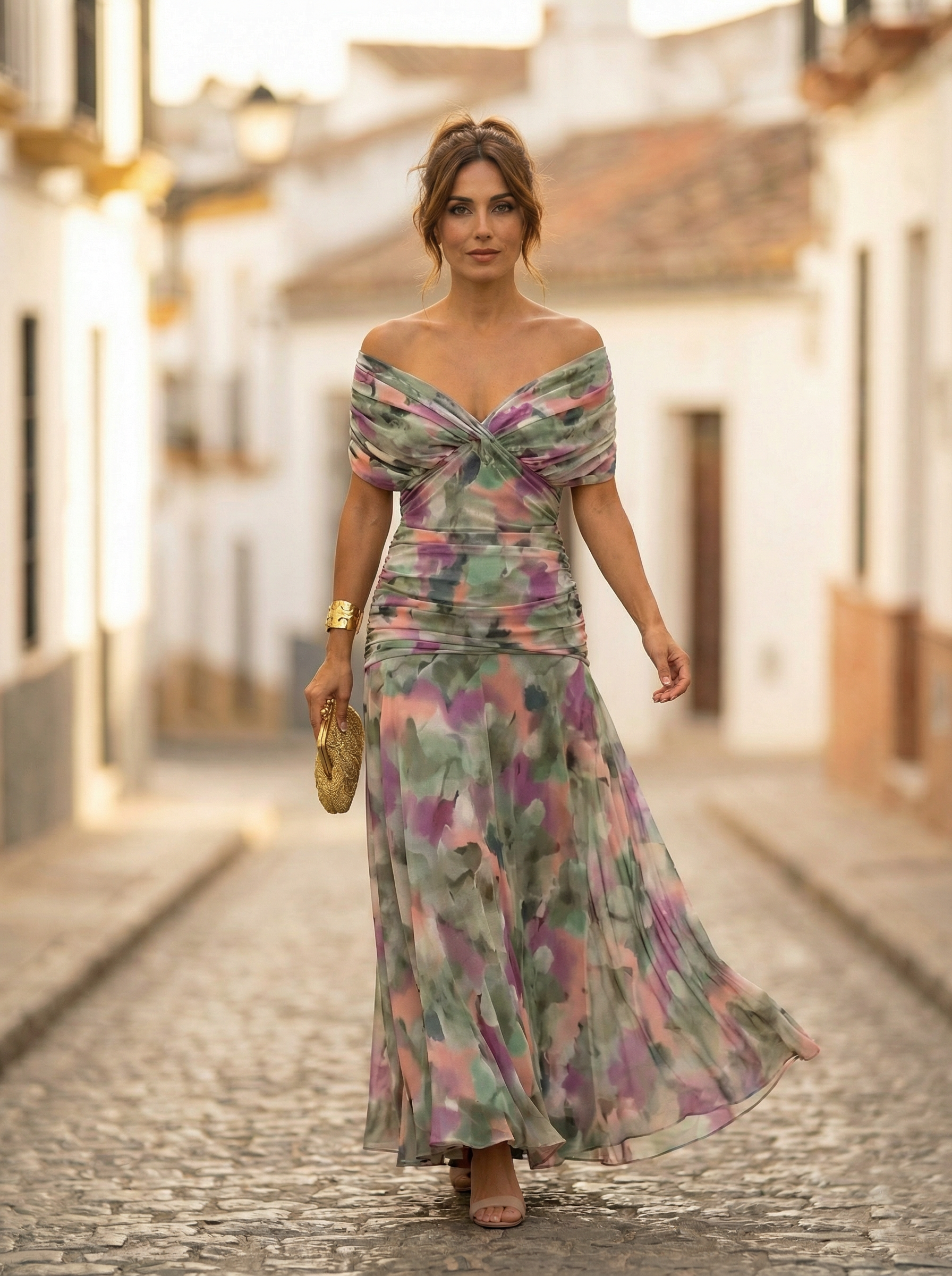 Maxiklänning med bara axlar och rynkad midja för dam-Maxi Dress-Fjallbarn