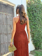 Maxiklänning med halterneck och fransar för dam-Maxi Dress-Fjallbarn