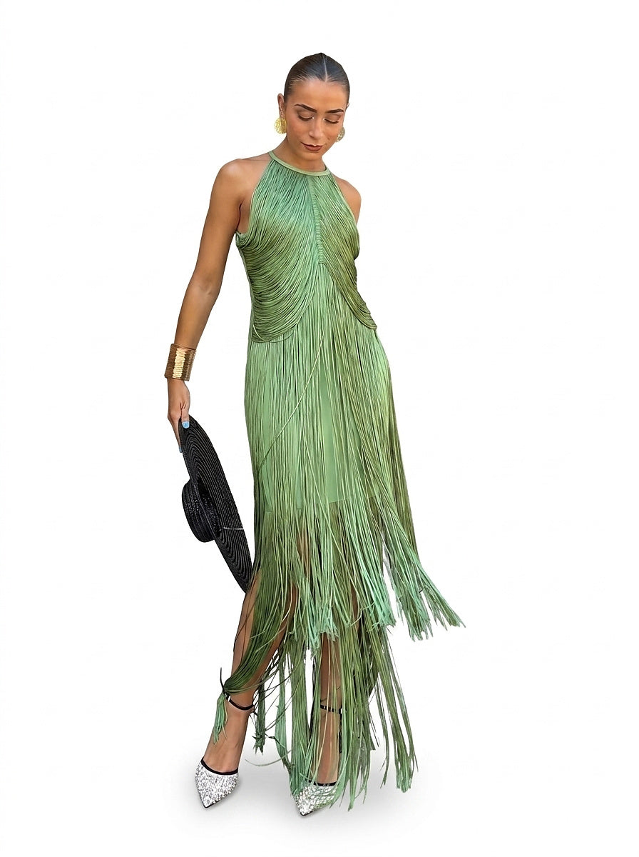 Maxiklänning med halterneck och fransar för dam-Maxi Dress-Fjallbarn