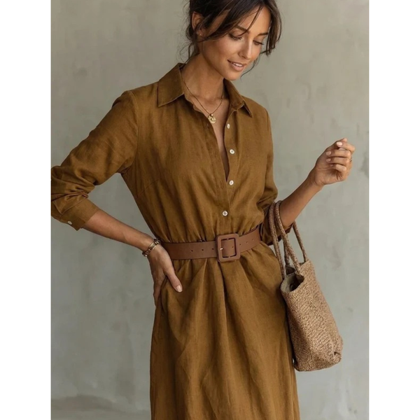 Maxiklänning med knappar och bälte för dam-Maxi Dress-Fjallbarn