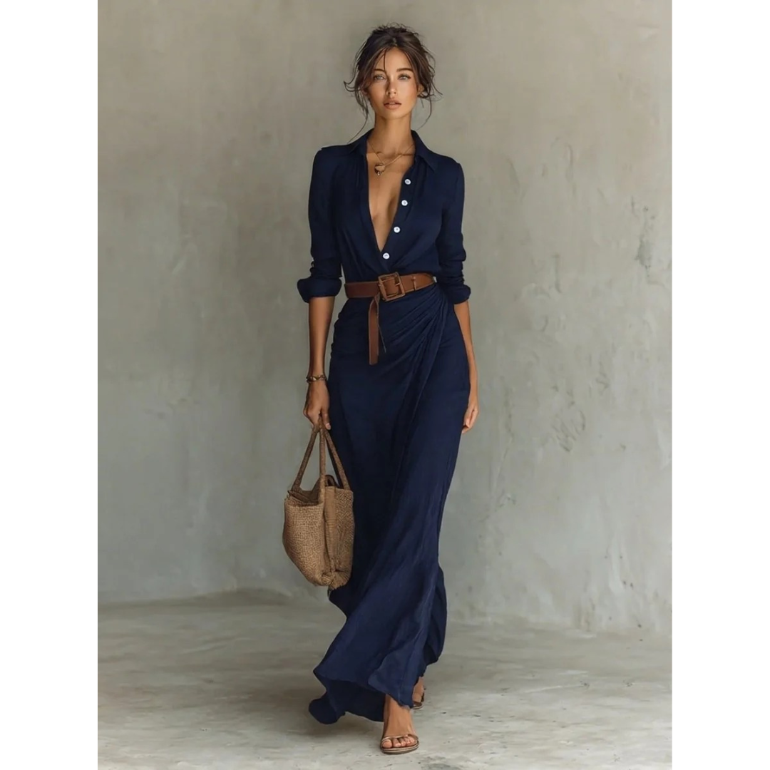 Maxiklänning med knappar och bälte för dam-Maxi Dress-Fjallbarn