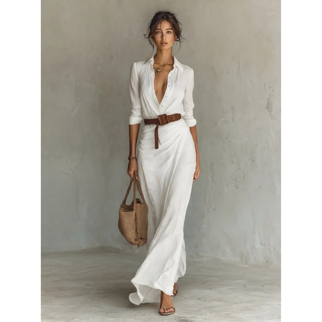 Maxiklänning med knappar och bälte för dam-Maxi Dress-Fjallbarn