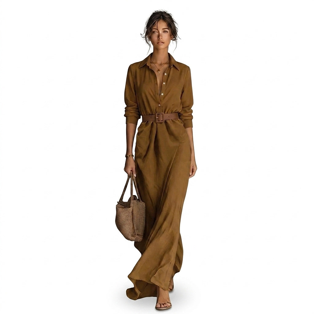 Maxiklänning med knappar och bälte för dam-Maxi Dress-Fjallbarn