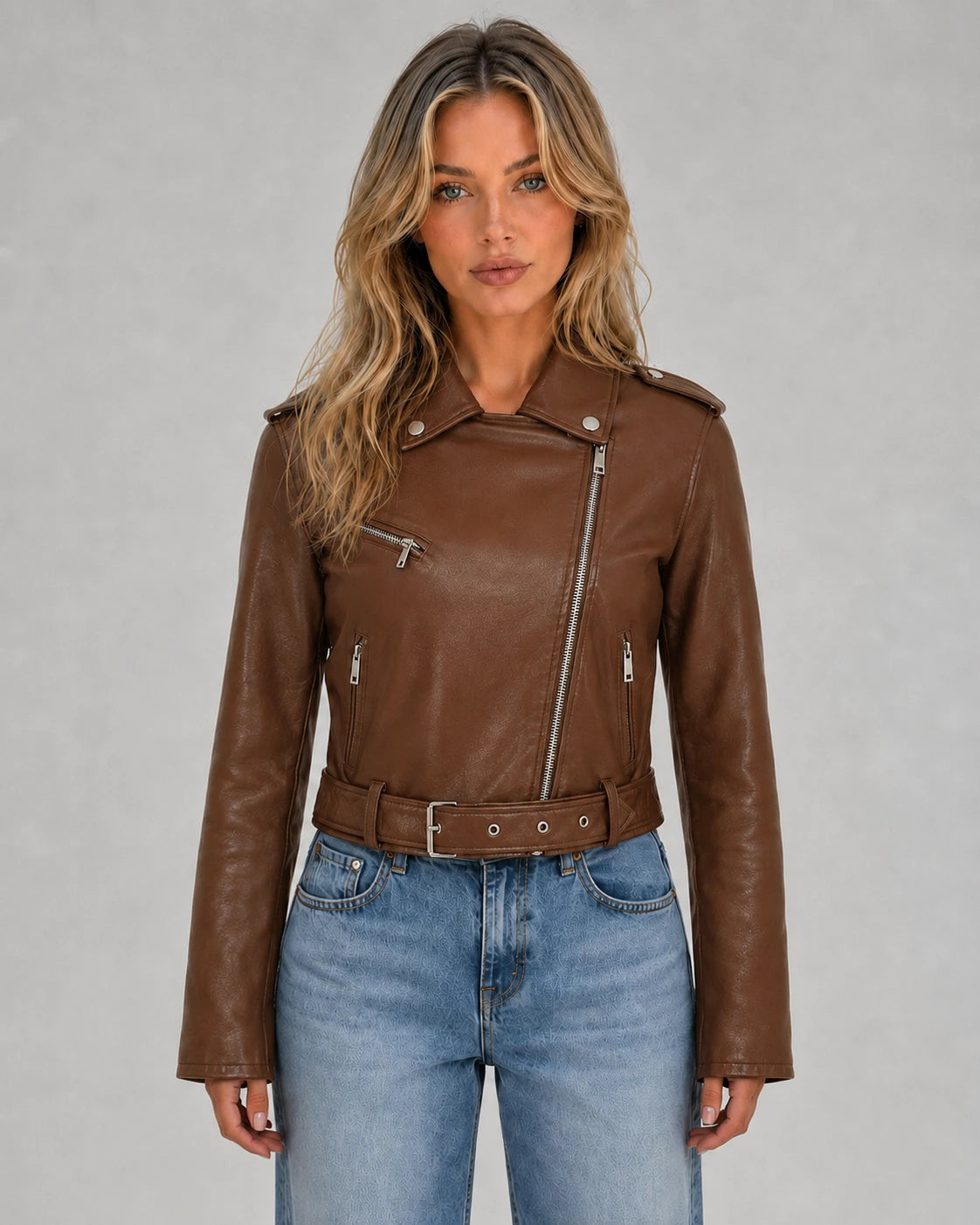 MC-jacka för dam med asymmetrisk dragkedja och bälte-Jacket for women-Fjallbarn