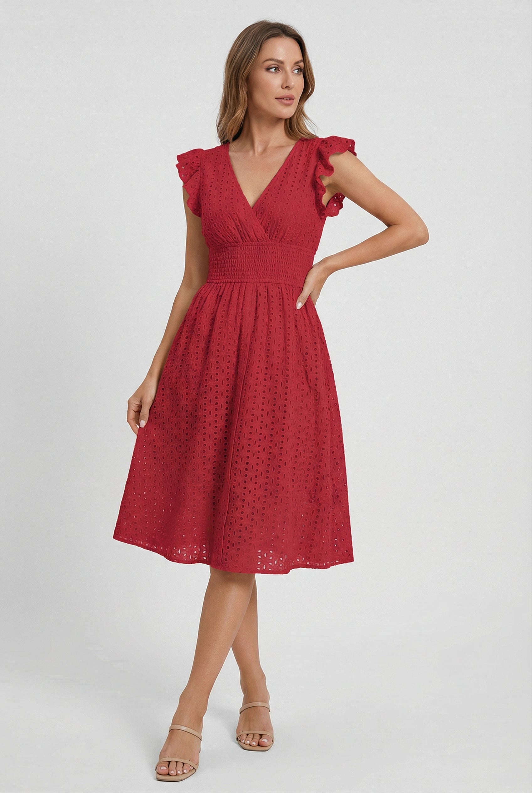 Midi-klänning med broderie anglaise och smockad midja för dam-Midi Dress-Fjallbarn