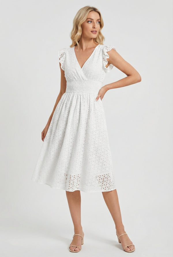 Midi-klänning med broderie anglaise och smockad midja för dam-Midi Dress-Fjallbarn