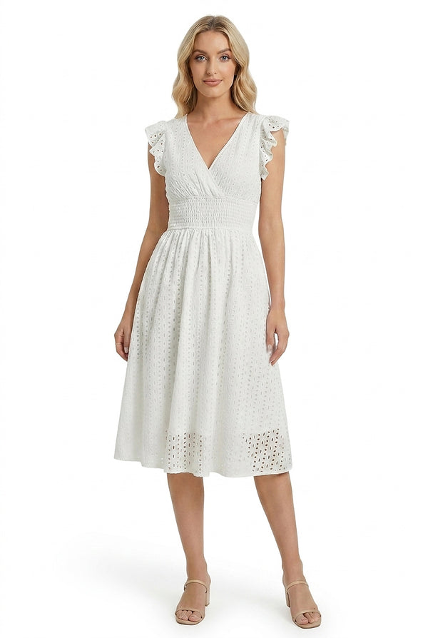 Midi-klänning med broderie anglaise och smockad midja för dam-Midi Dress-Fjallbarn