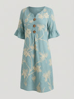 Midiklänning för dam med knappar och blombroderi-Midi Dress-Fjallbarn