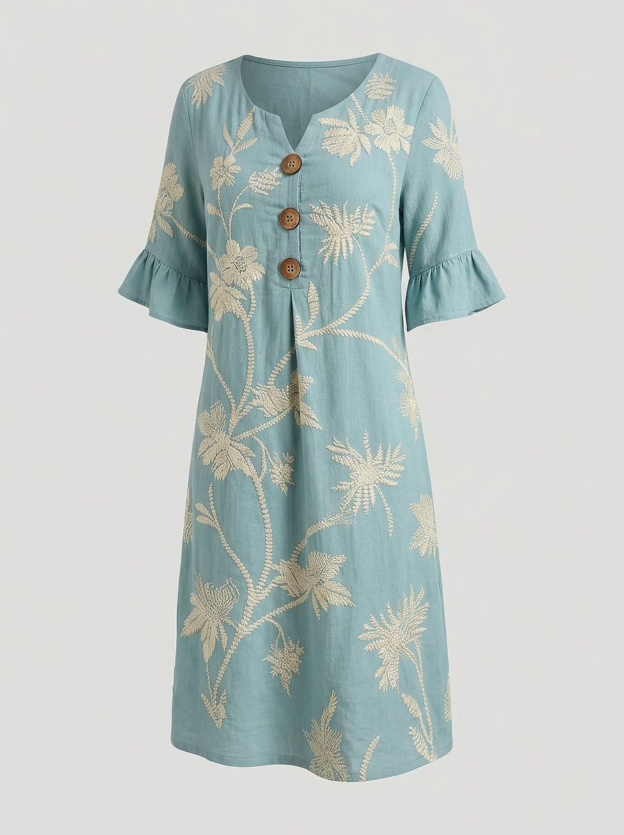 Midiklänning för dam med knappar och blombroderi-Midi Dress-Fjallbarn