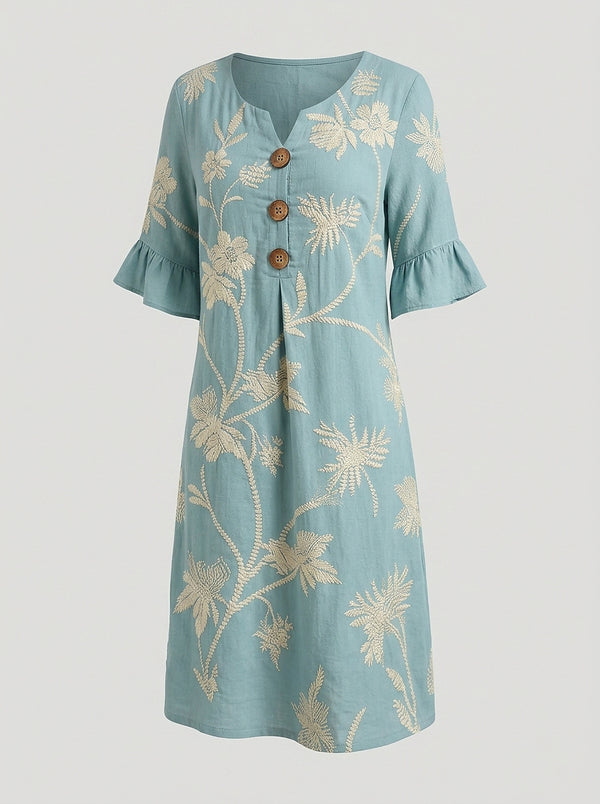 Midiklänning för dam med knappar och blombroderi-Midi Dress-Fjallbarn