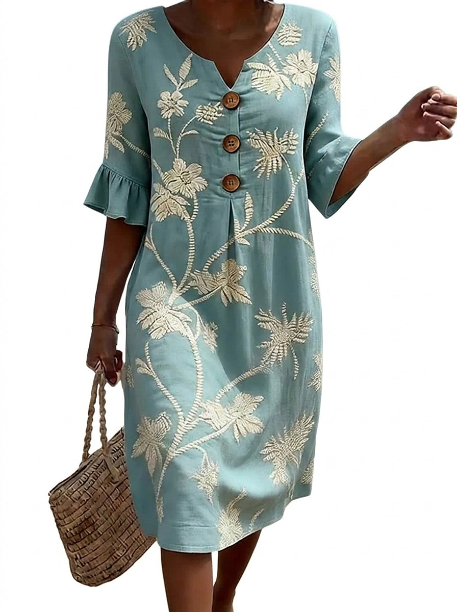 Midiklänning för dam med knappar och blombroderi-Midi Dress-Fjallbarn