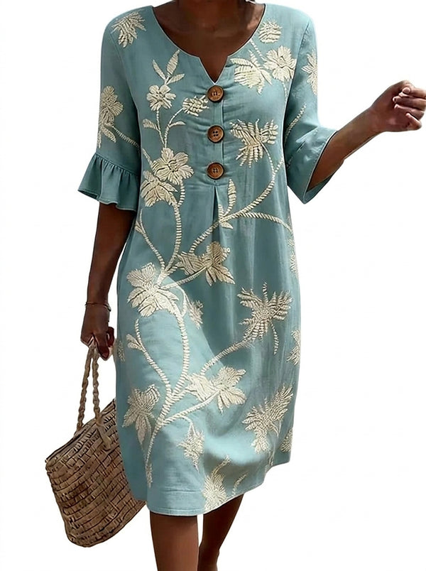 Midiklänning för dam med knappar och blombroderi-Midi Dress-Fjallbarn