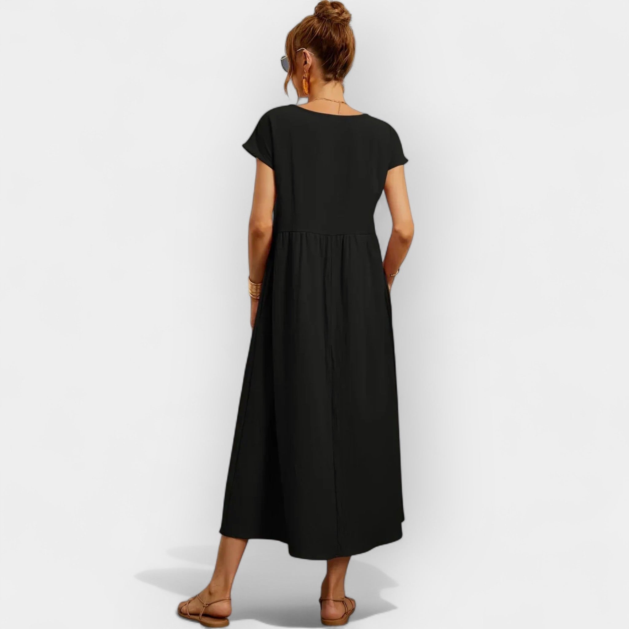 Midiklänning för dam med korta ärmar och sidofickor-Midi Dress-Fjallbarn