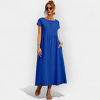 Midiklänning för dam med korta ärmar och sidofickor-Midi Dress-Fjallbarn