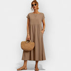 Midiklänning för dam med korta ärmar och sidofickor-Midi Dress-Fjallbarn