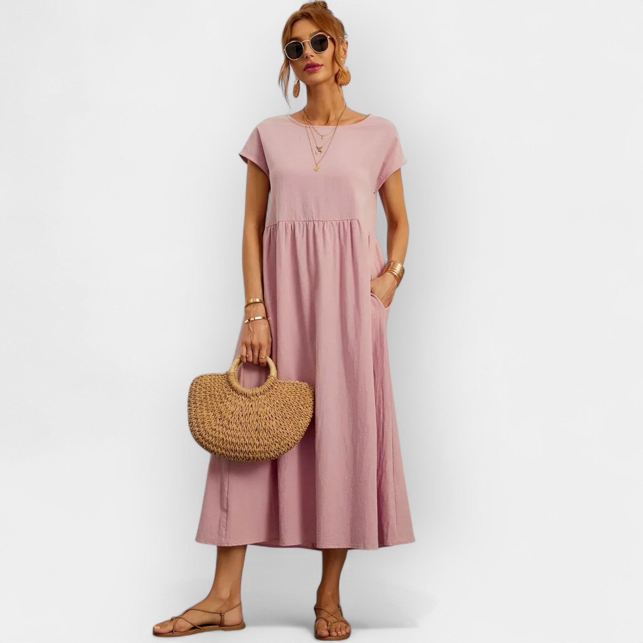 Midiklänning för dam med korta ärmar och sidofickor-Midi Dress-Fjallbarn