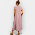 Midiklänning för dam med korta ärmar och sidofickor-Midi Dress-Fjallbarn