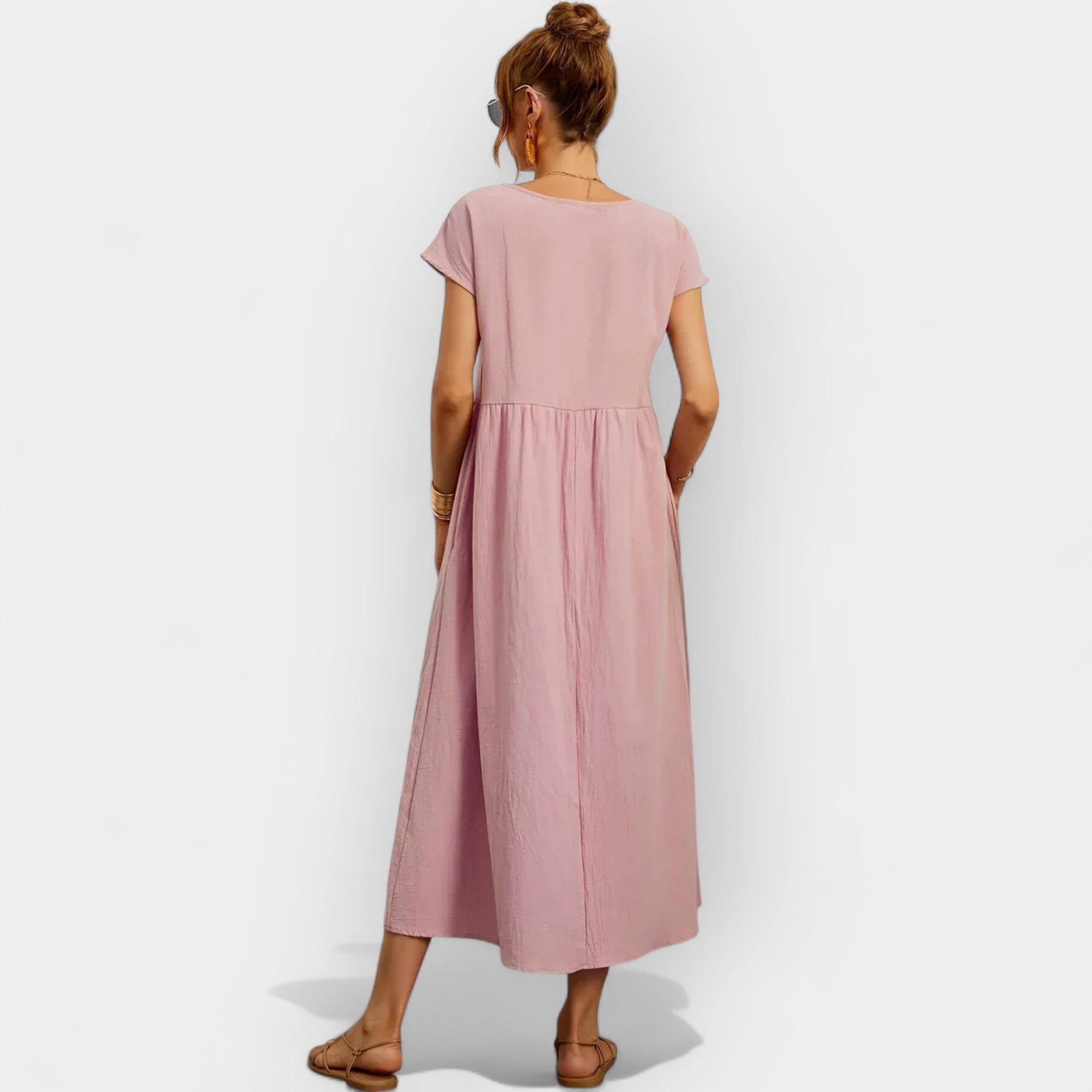 Midiklänning för dam med korta ärmar och sidofickor-Midi Dress-Fjallbarn