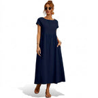 Midiklänning för dam med korta ärmar och sidofickor-Midi Dress-Fjallbarn