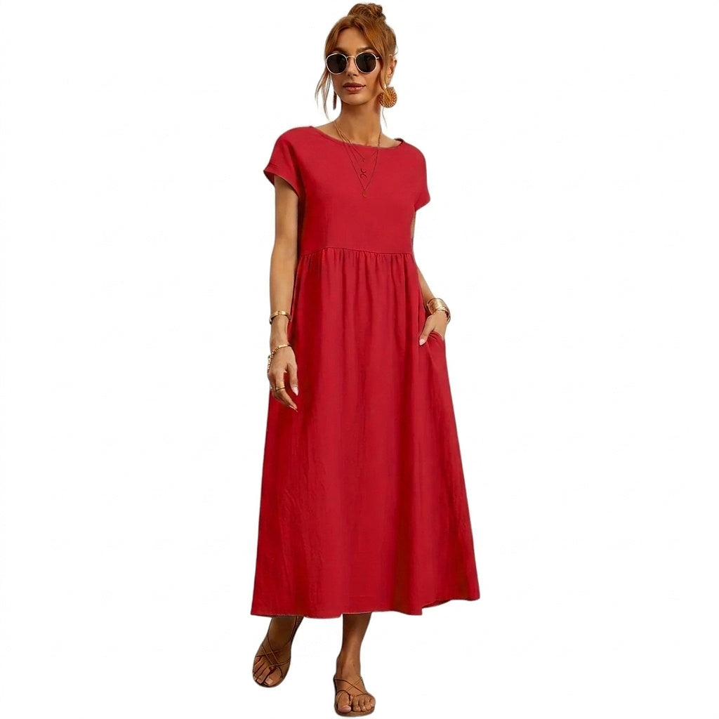 Midiklänning för dam med korta ärmar och sidofickor-Midi Dress-Fjallbarn