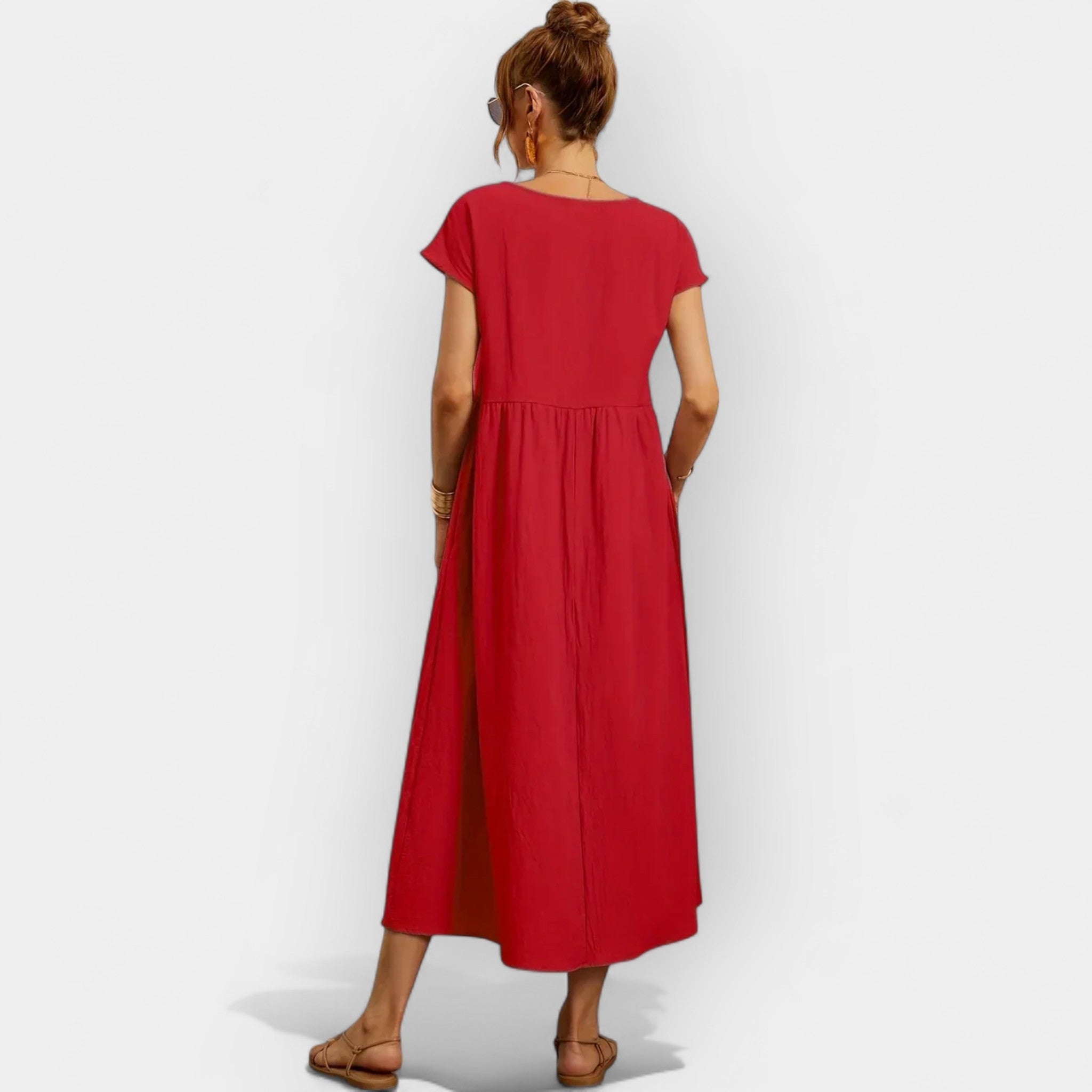 Midiklänning för dam med korta ärmar och sidofickor-Midi Dress-Fjallbarn