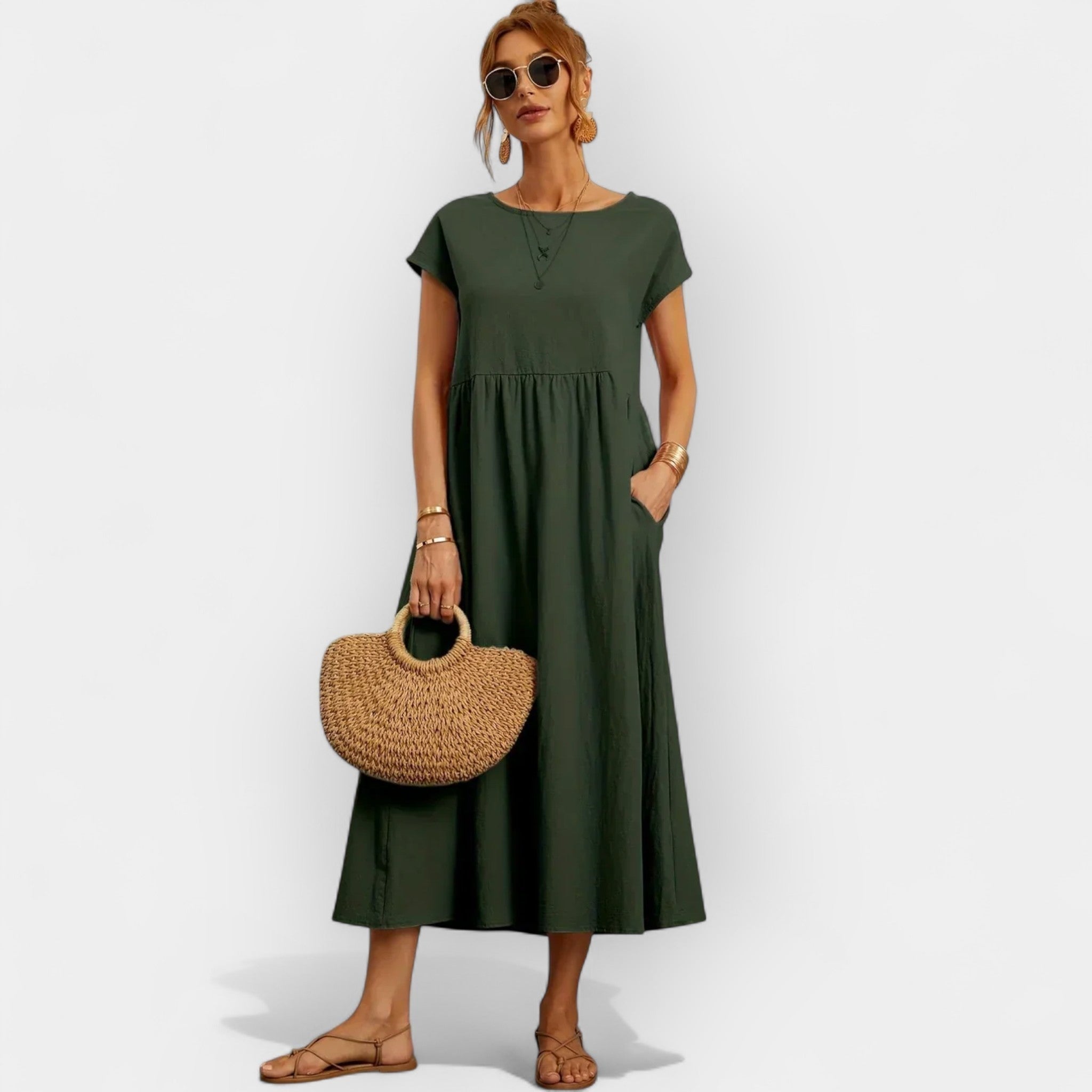 Midiklänning för dam med korta ärmar och sidofickor-Midi Dress-Fjallbarn
