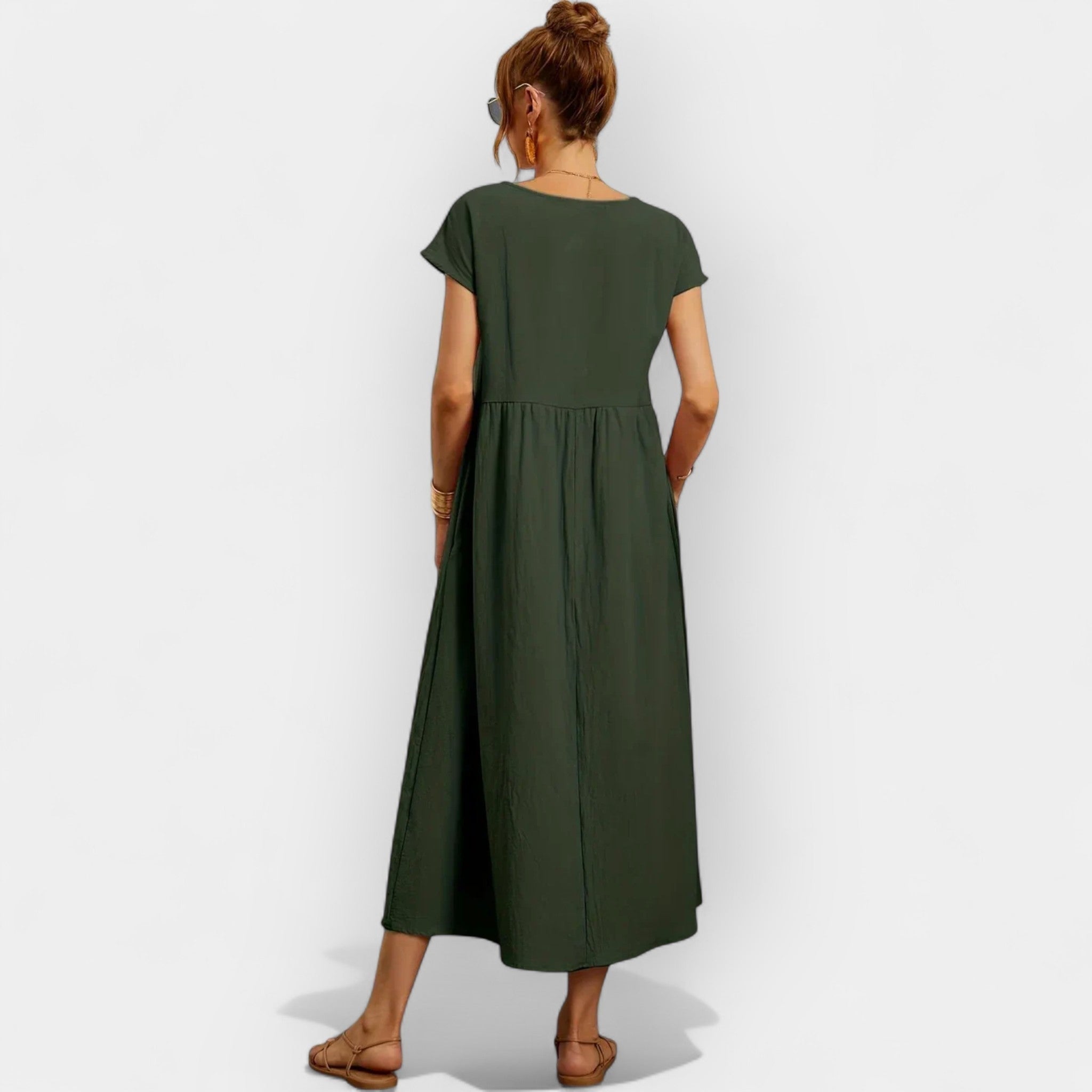 Midiklänning för dam med korta ärmar och sidofickor-Midi Dress-Fjallbarn