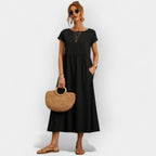 Midiklänning för dam med korta ärmar och sidofickor-Midi Dress-Fjallbarn