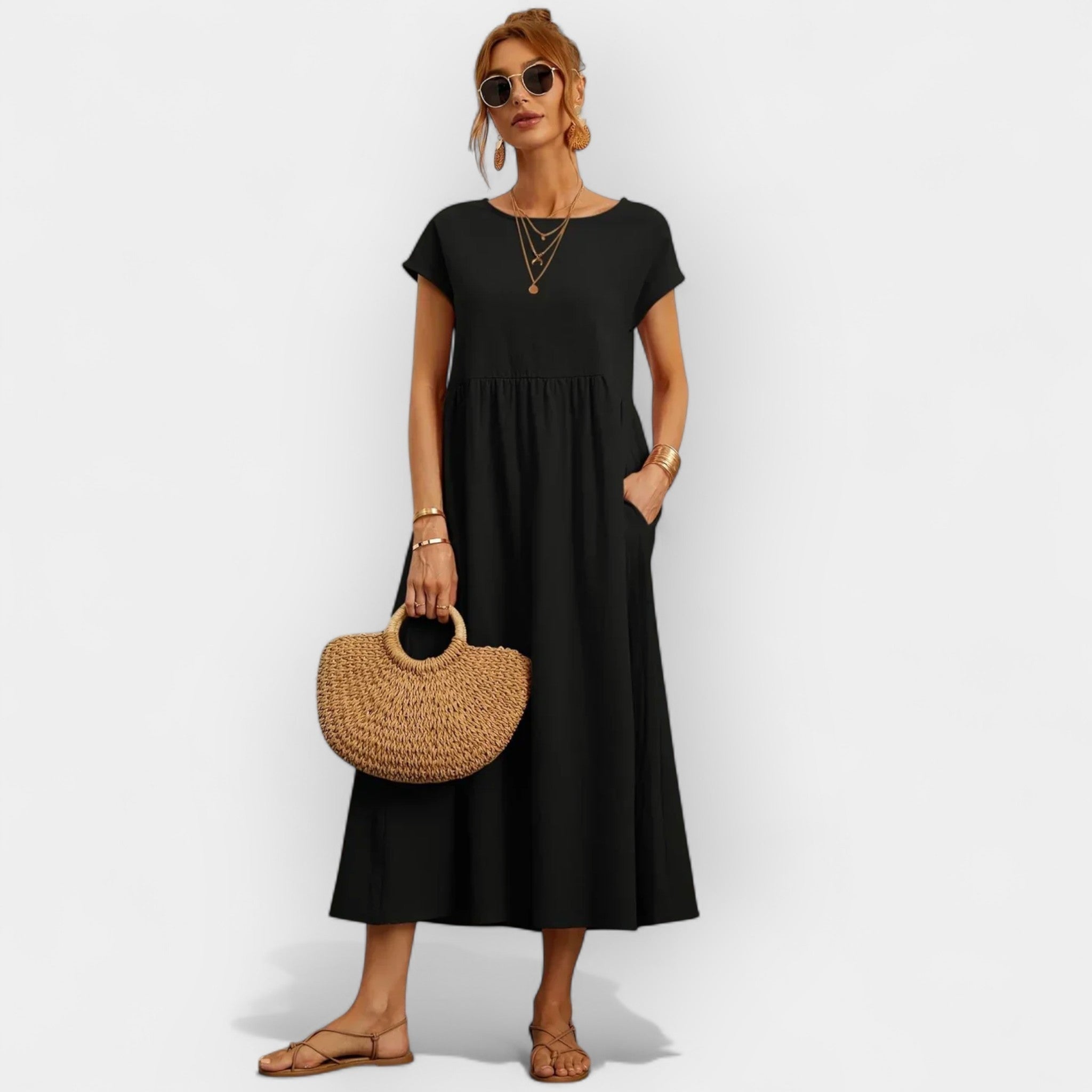 Midiklänning för dam med korta ärmar och sidofickor-Midi Dress-Fjallbarn